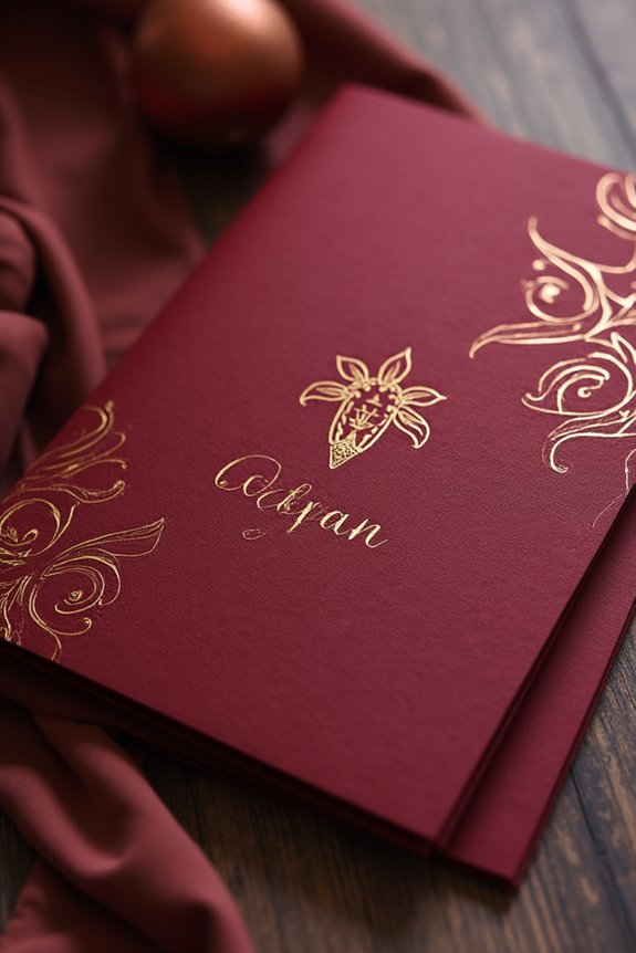 burgundy invites with gold accents