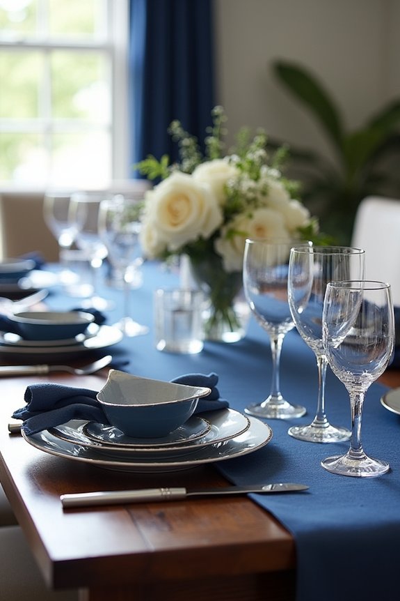 navy blue layered tablescape